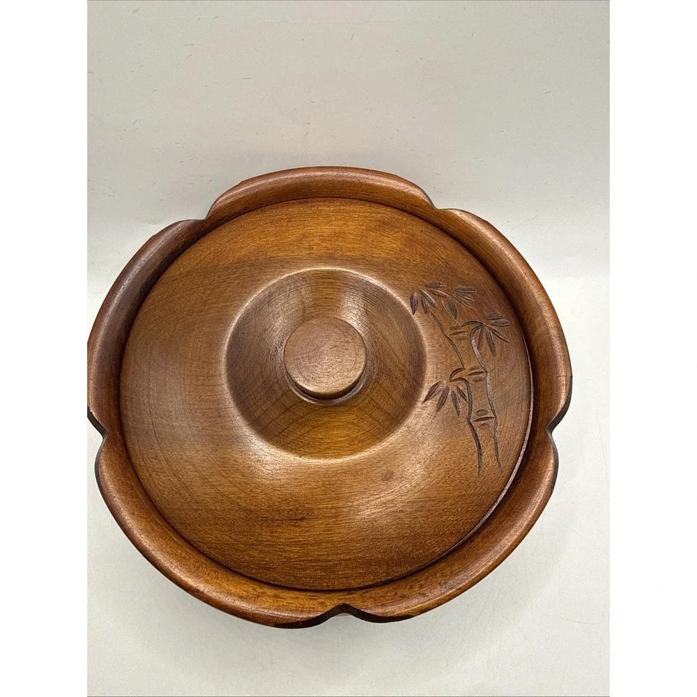 Vintage Hand Carved Wooden Bowl Bamboo Carving With Lid Lacquered Interior 7